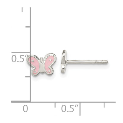 Sterling Silver RH-pltd Polish Pink Enamel Butterfly Childs Post Earrings