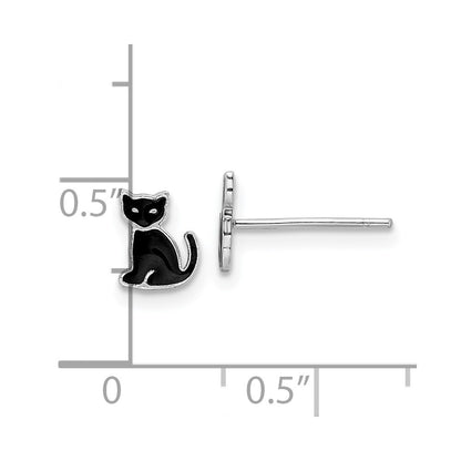Sterling Silver RH-plated Polished Black Enameled Cat Post Earrings