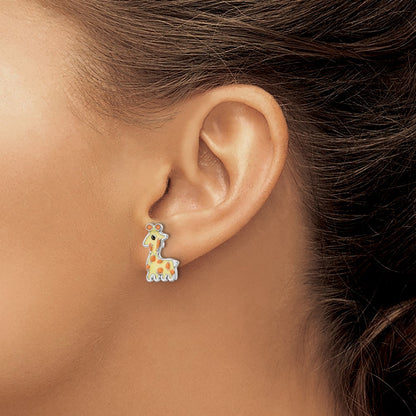 Sterling Silver Rhodium-plated Polished & Yellow, Orange & Black Enameled Giraffe Children's Post Earrings