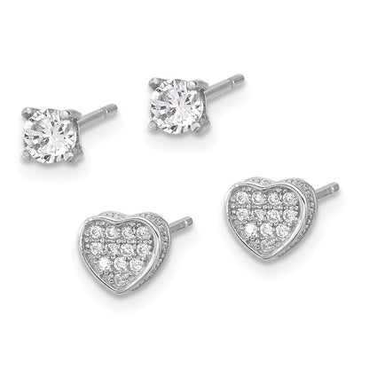 Sterling Silver RH-plated Pav CZ Heart/4mm CZ Stud Post Earrings Set