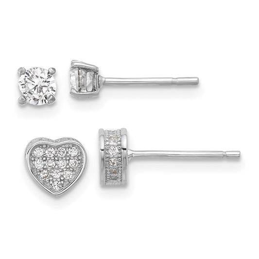 Sterling Silver RH-plated Pav CZ Heart/4mm CZ Stud Post Earrings Set