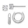 Sterling Silver RH-plated 2.5mm Huggie Hoops/5mm CZ Stud Earrings Set