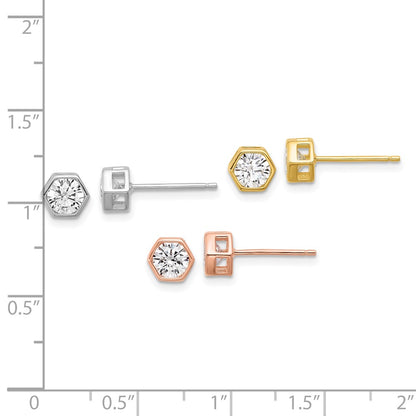 Sterling Silver RH-plated Rose and Gold-tone CZ Set of 3 Post Earring Set