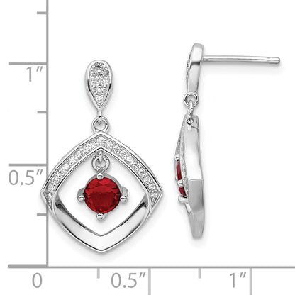 Sterling Silver RH-plated Red Glass and Clear CZ Fancy Square Post Earrings