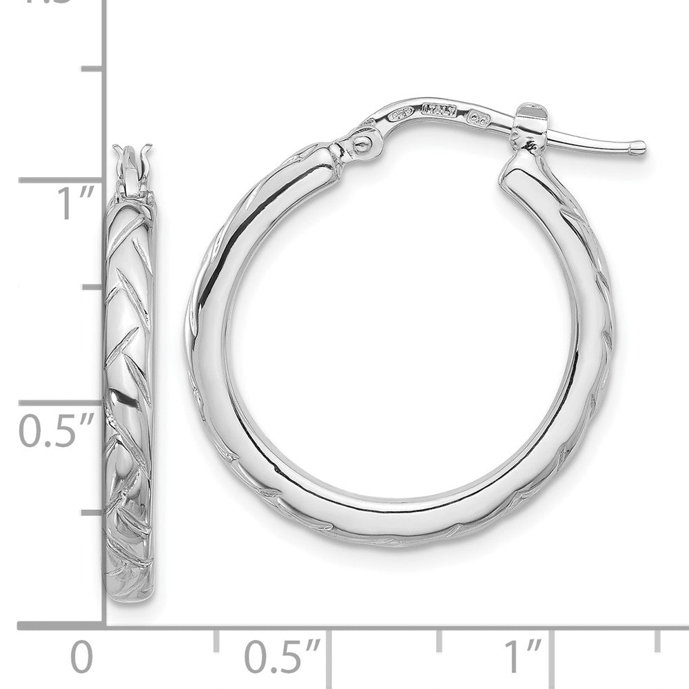 Sterling Silver Rhodium-plated Polished and Textured Hoop Earrings