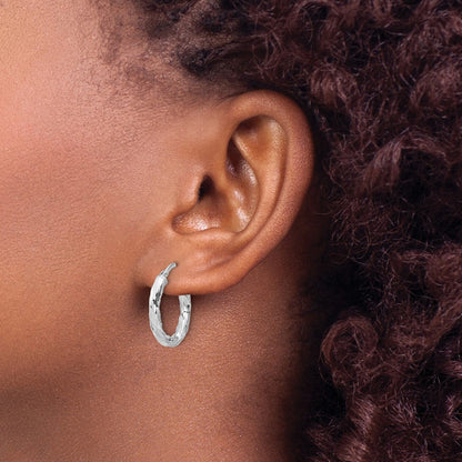 Sterling Silver Rh-plated Polished and Textured Twisted Oval Hoop Earrings