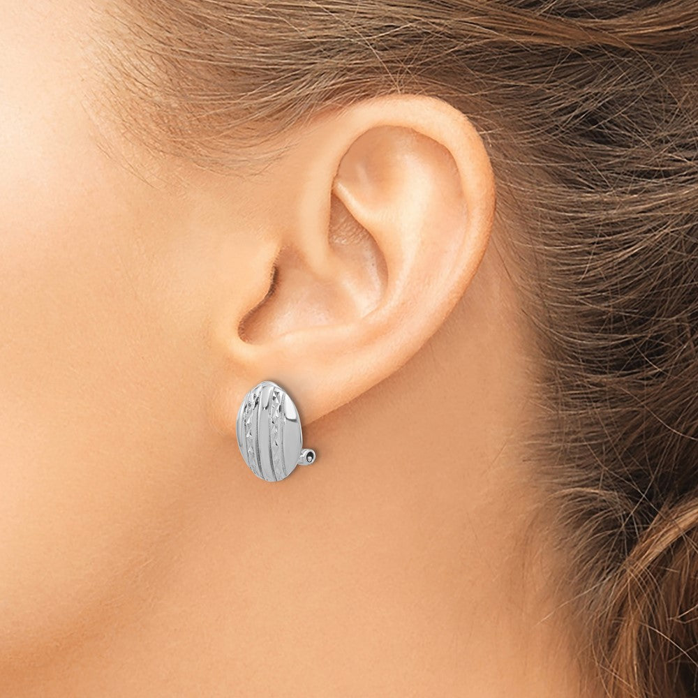 Sterling Silver RH-plated Polished Textured Oval Omega Back Earrings