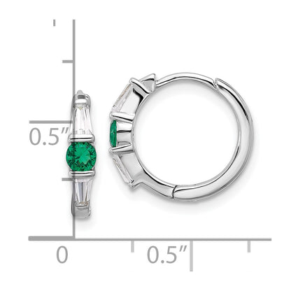Sterling Silver Rhodium-plated Green/White CZ Hinged Hoop Earrings