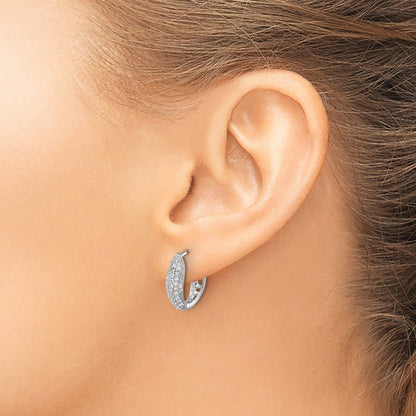 Sterling Silver Rhodium-plated Pav CZ Hinged Huggie Hoop Earrings