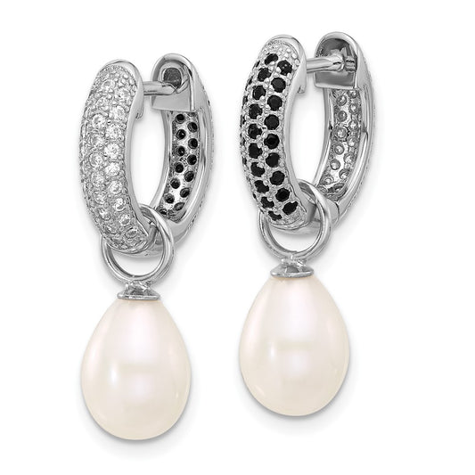 Sterling Silver Rhodium-plated 7-8mm Black and White Rice Freshwater Cultured Pearl and CZ Interchangeable Post Earrings Set