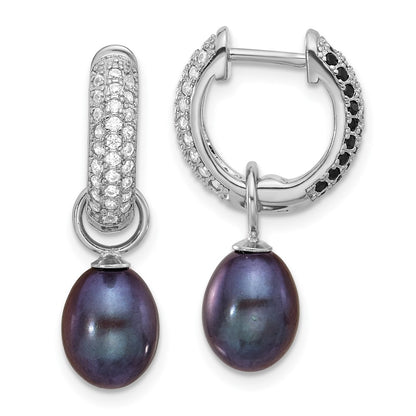 Sterling Silver Rhodium-plated 7-8mm Black and White Rice Freshwater Cultured Pearl and CZ Interchangeable Post Earrings Set