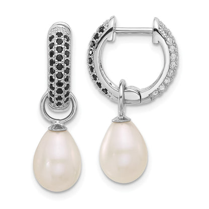 Sterling Silver Rhodium-plated 7-8mm Black and White Rice Freshwater Cultured Pearl and CZ Interchangeable Post Earrings Set