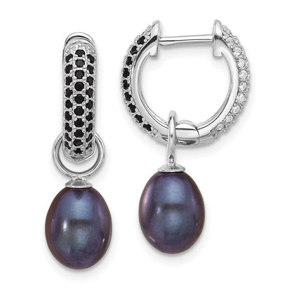 Sterling Silver Rhodium-plated 7-8mm Black and White Rice Freshwater Cultured Pearl and CZ Interchangeable Post Earrings Set