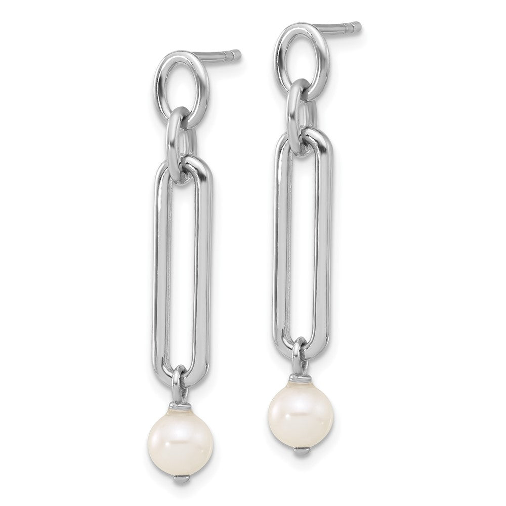 Sterling Silver Rhodium-plated Link with Freshwater Cultured Pearl Dangle Earrings
