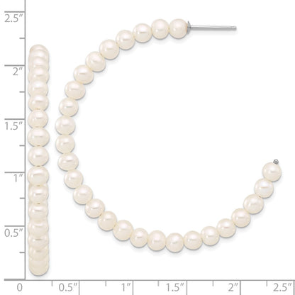 Sterling Silver Rhodium-plated 4-5mm White Semi-Round Freshwater Cultured Pearl C-Hoop Earrings