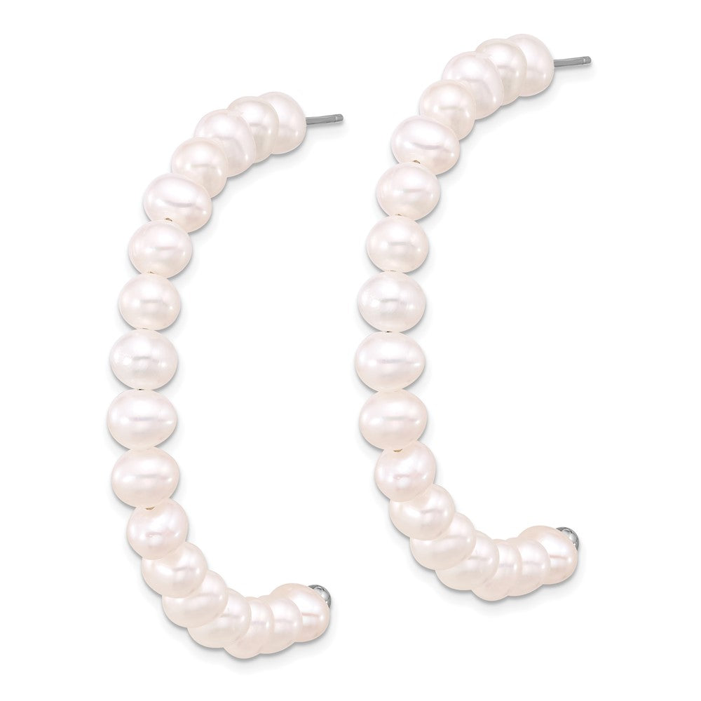 Sterling Silver Rhodium-plated 5-6mm White Semi-Round Freshwater Cultured Pearl Post J-Hoop Earrings