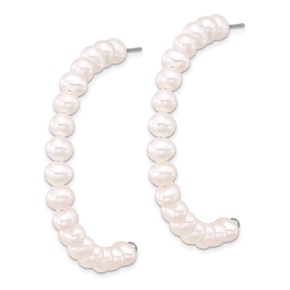 Sterling Silver Rhodium-plated 5-6mm White Semi-Round Freshwater Cultured Pearl Post J-Hoop Earrings
