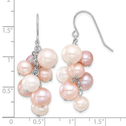 Sterling Silver Rhodium-plated 6-10mm Multicolor Near-Round Freshwater Cultured Pearl Dangle Earrings