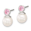 Sterling Silver Polished Pink CZ and 8-8.5mm Glass Pearl Post Earrings