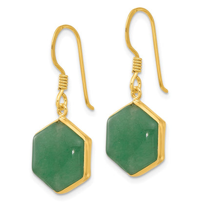 Sterling Silver Gold-plated Polished Hexagon Aventurine Dangle Earrings