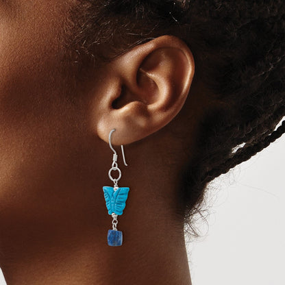 Sterling Silver Polished Lapis & Dyed Howlite Butterfly Dangle Earrings