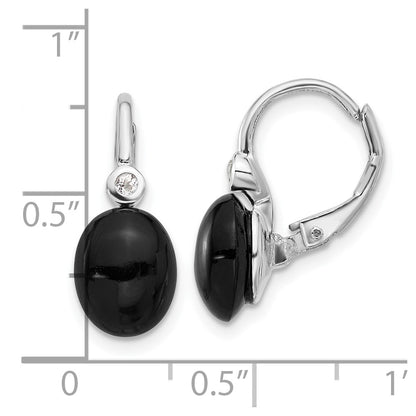Sterling Silver RH-plated Polished Onyx & White Topaz Leverback Earrings