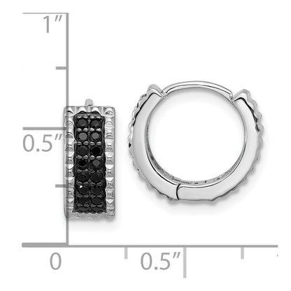 Sterling Silver RH-pltd Polished/Studded Black Spinel Hinged Hoop Earrings