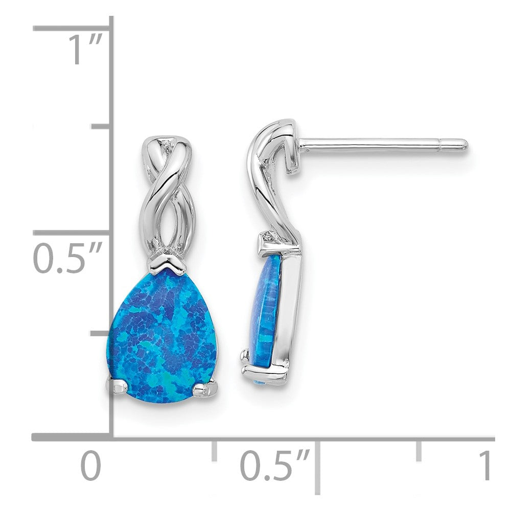 Sterling Silver RH-plated Polished Blue Created Opal Teardrop Post Earrings