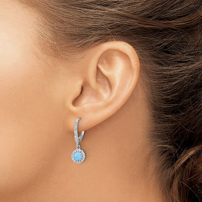 Sterling Silver RH-plated CZ & Blue Cr. Opal Halo Dangle Leverback Earrings