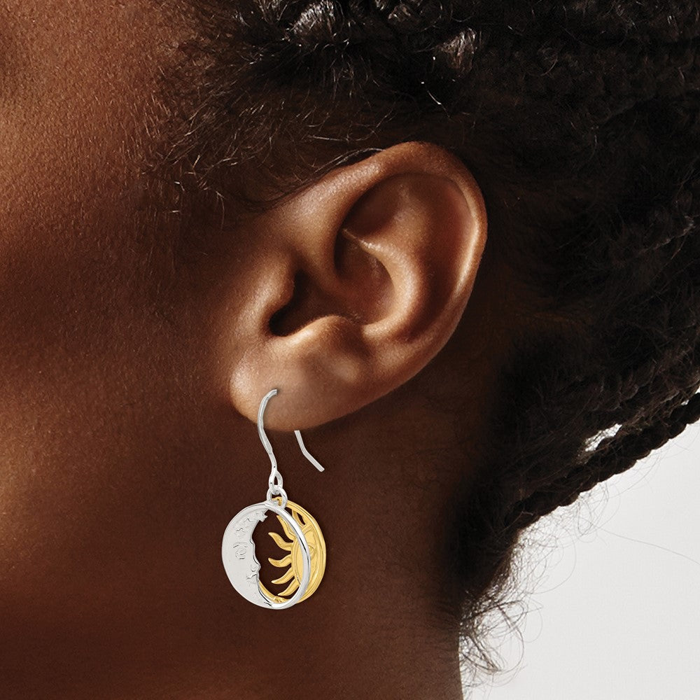 Sterling Silver Gold-tone Sun and Moon Dangle Earrings