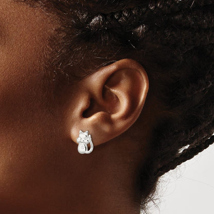Sterling Silver Polished CZ Cat Earrings