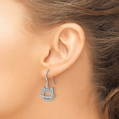 Sterling Silver Rhodium-plated CZ Cat Head Dangle Earrings