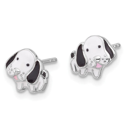SS Rhodium-plated Black and White Enamel Dog Post Earrings