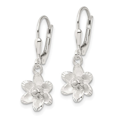 Sterling Silver Satin Polished and D/C Floral Leverback Earrings