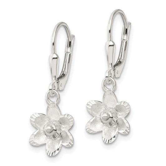 Sterling Silver Satin Polished and D/C Floral Leverback Earrings