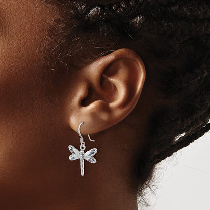 Sterling Silver Rhodium-Plated Polished Abalone Dragonfly Earrings