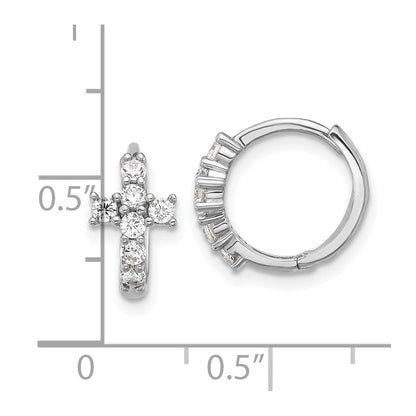 Sterling Silver RH-plated Polished CZ Cross Hinged Round Hoop Earrings