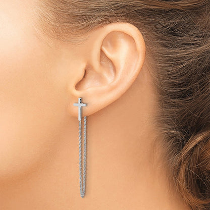 Sterling Silver Polished Cross with Chain Front & Back Post Earrings