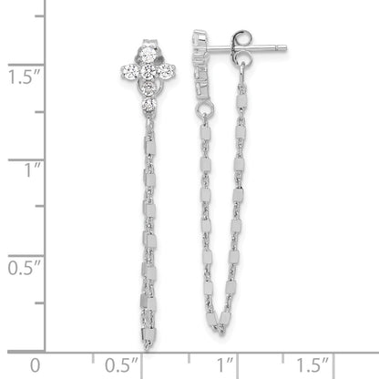 Sterling Silver RH-pltd CZ Cross w/Chain Front & Back Post Dangle Earrings
