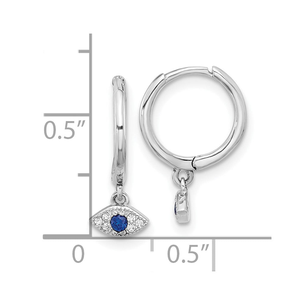 Sterling Silver RH-plated Blue & White CZ Evil Eye Dangle Hoop Earrings