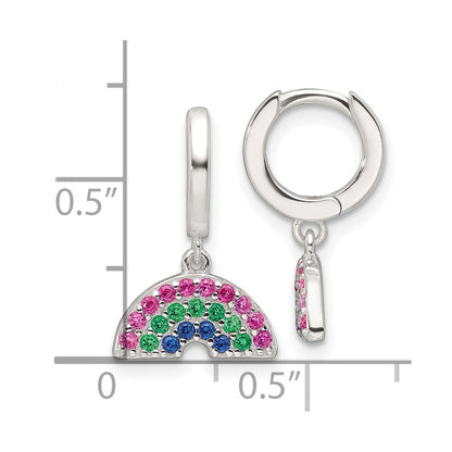 Sterling Silver E-Coating Polished Multicolor CZ Dangle Rainbow Children's Round Hoop Earrings