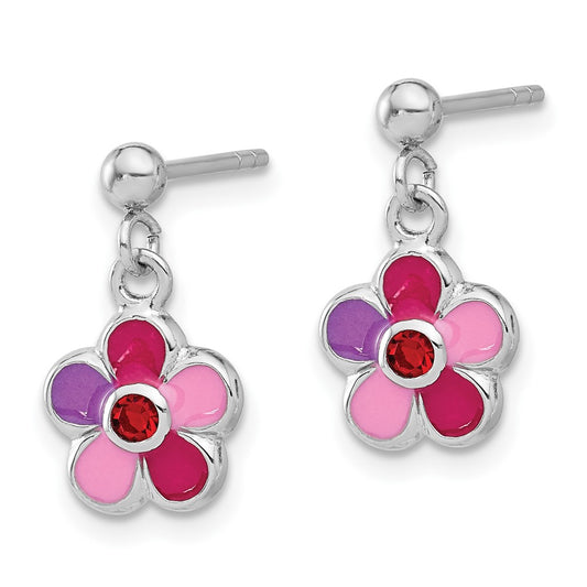 Sterling Silver Rhodium-plated Polished & Multi-color Enameled Red Crystal Flower Children's Post Dangle Earrings