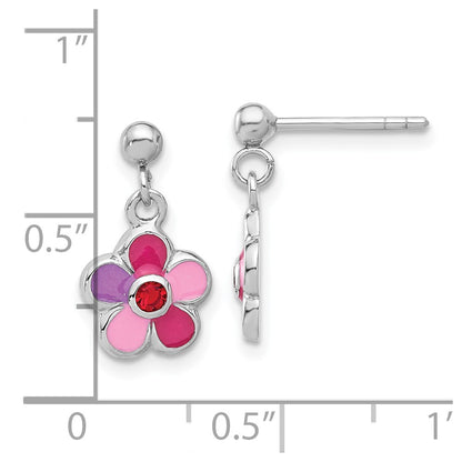 Sterling Silver Rhodium-plated Polished & Multi-color Enameled Red Crystal Flower Children's Post Dangle Earrings