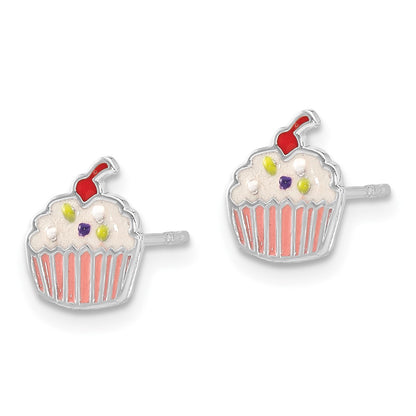Sterling Silver Rhodium-plated Polished Multi-color Enamel Cupcake Children's Post Earrings