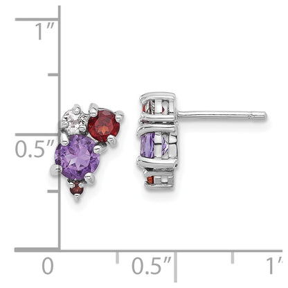 Sterling Silver Rhodium-pl Amethyst Garnet and White Topaz Post Earrings