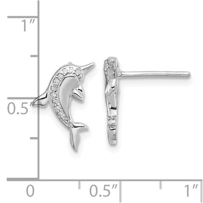 Sterling Silver Rhodium-plated Polished CZ Dolphin Post Earrings