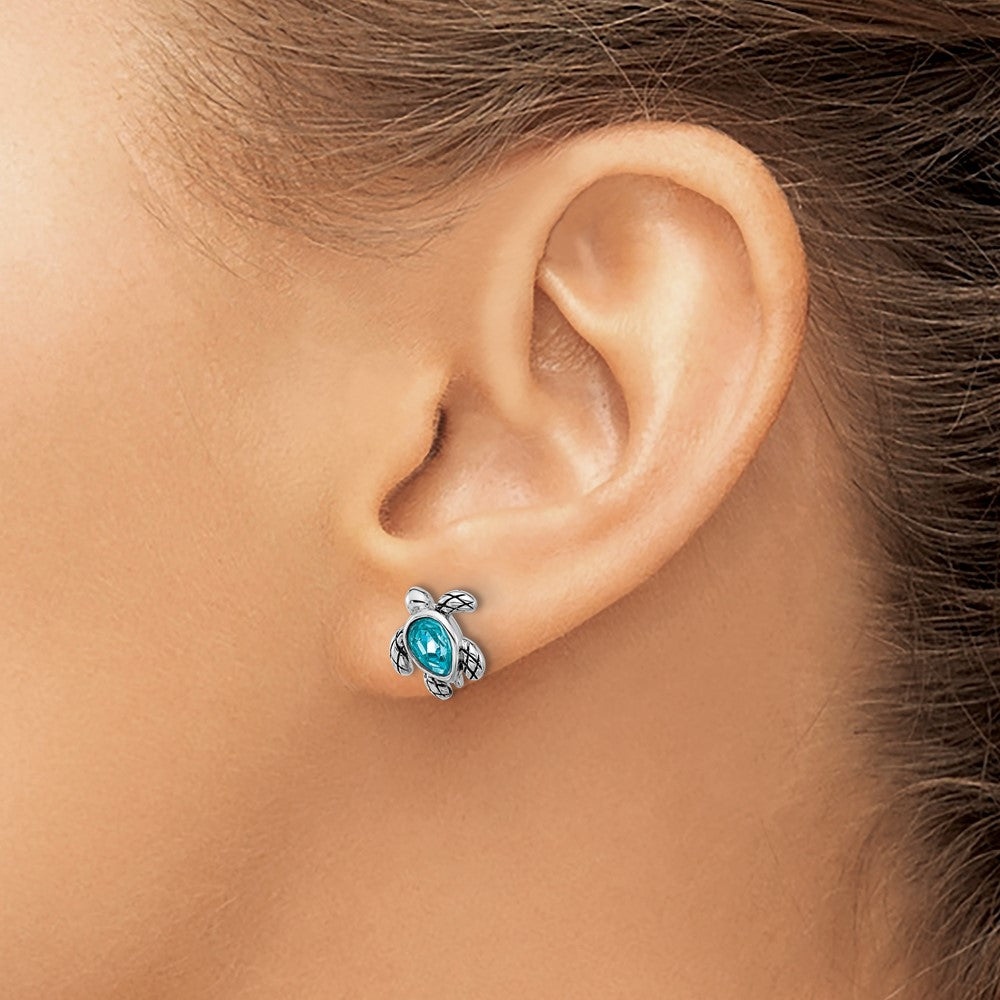 Sterling Silver Rhodium-plated Polished and Antiqued Blue Crystal December Birthstone Turtle Earrings