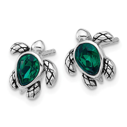 Sterling Silver Rhodium-plated Polished and Antiqued Green Crystal May Birthstone Turtle Earrings
