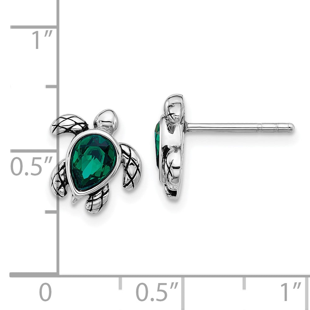 Sterling Silver Rhodium-plated Polished and Antiqued Green Crystal May Birthstone Turtle Earrings