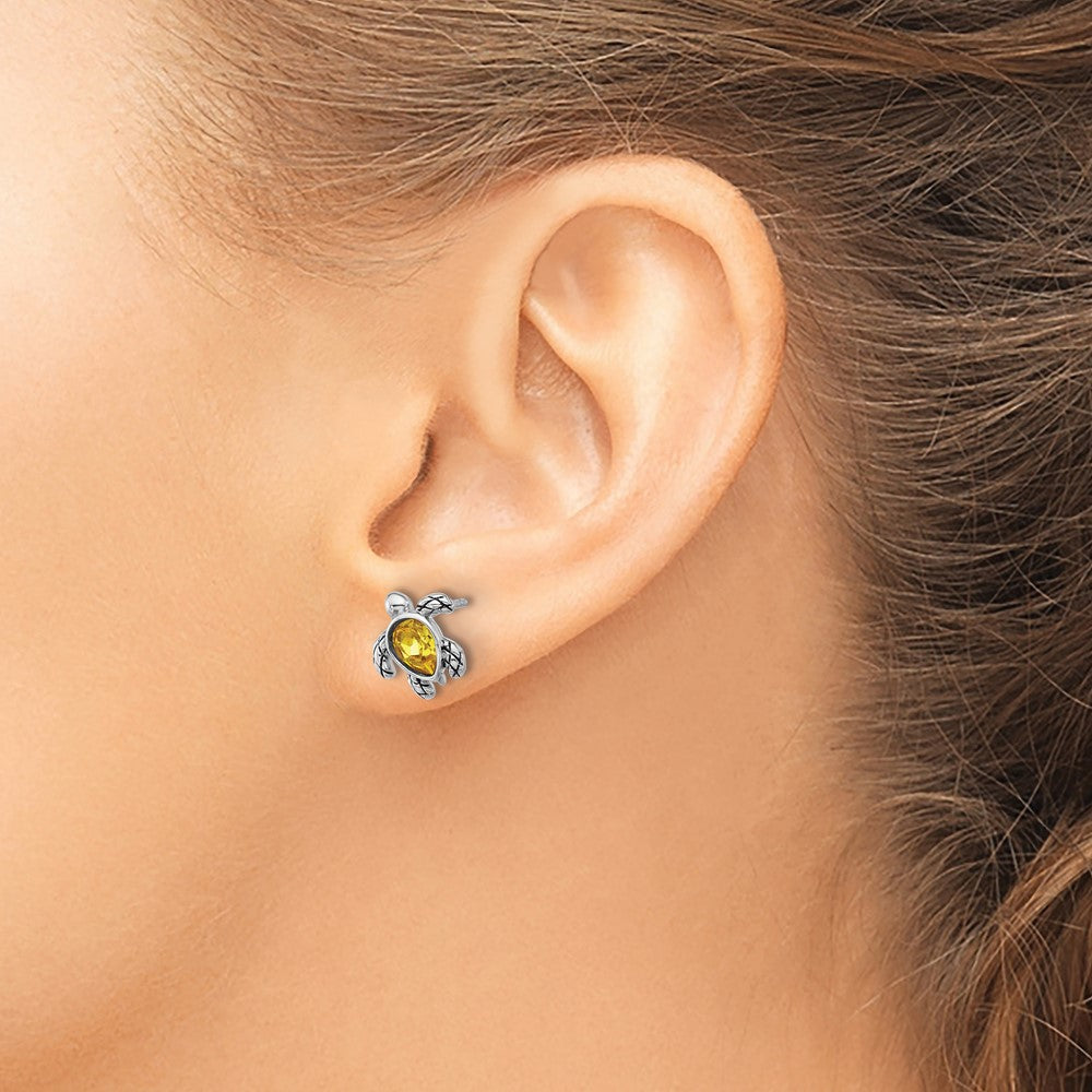 Sterling Silver Rhodium-plated Polished and Antiqued Yellow Crystal November Birthstone Turtle Earrings